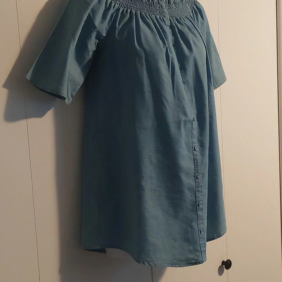 Paper Crane Smocked lightweight denim mini Tunic Sundress off shoulder M blue - Picture 5 of 8
